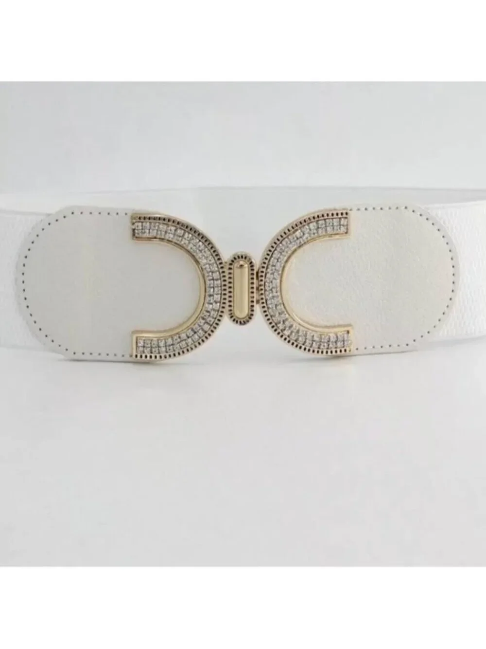Rhinestone Buckle With Elastic Waist Belt White